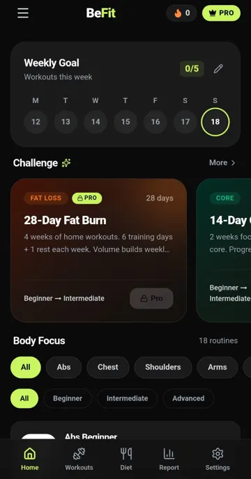 BeFit app screen 1